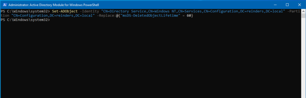 We modified the tombstone lifetime period with PowerShell