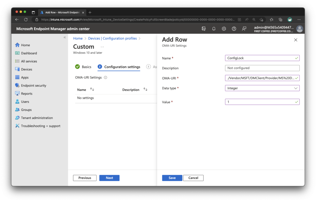 Configuration Settings for config lock