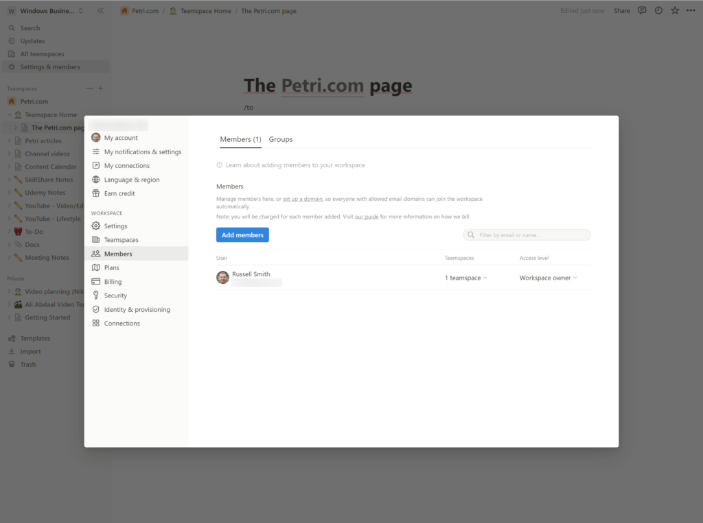 Adding team members in Notion