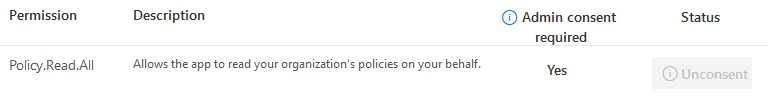 The Policy.Read.All permission is visible within the Microsoft Graph Explorer
