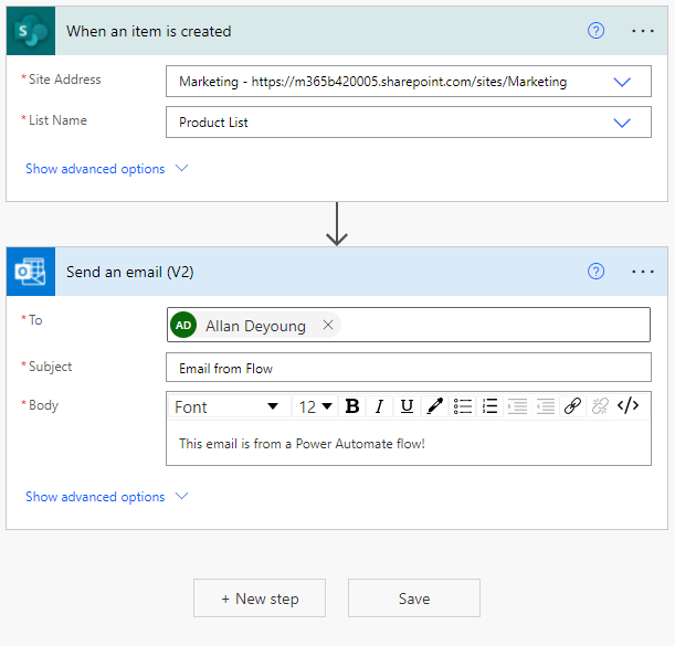 Our flow triggers when an item is created in a SharePoint list and sends an email to a designated user.