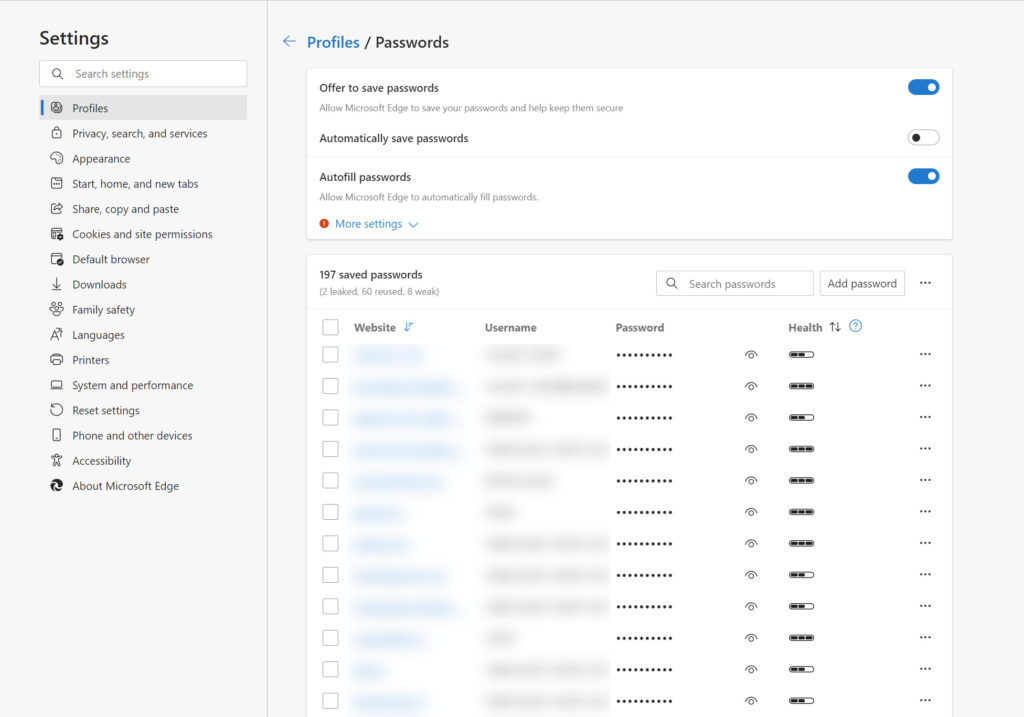 Password management in Microsoft Edge