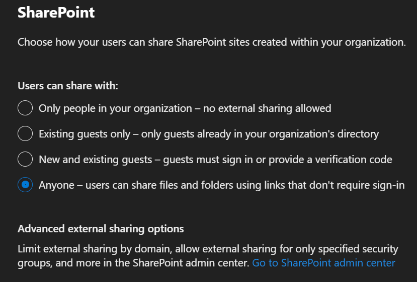 Settings for SharePoint sites in the Microsoft 365 Admin Center