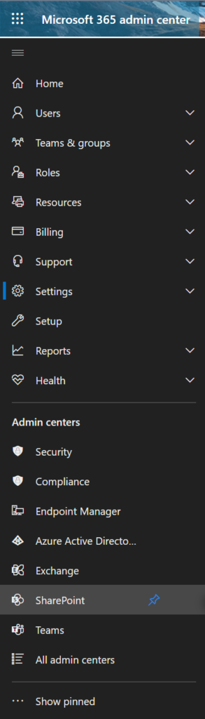 Accessing the SharePoint admin center from the Microsoft 365 admin center 