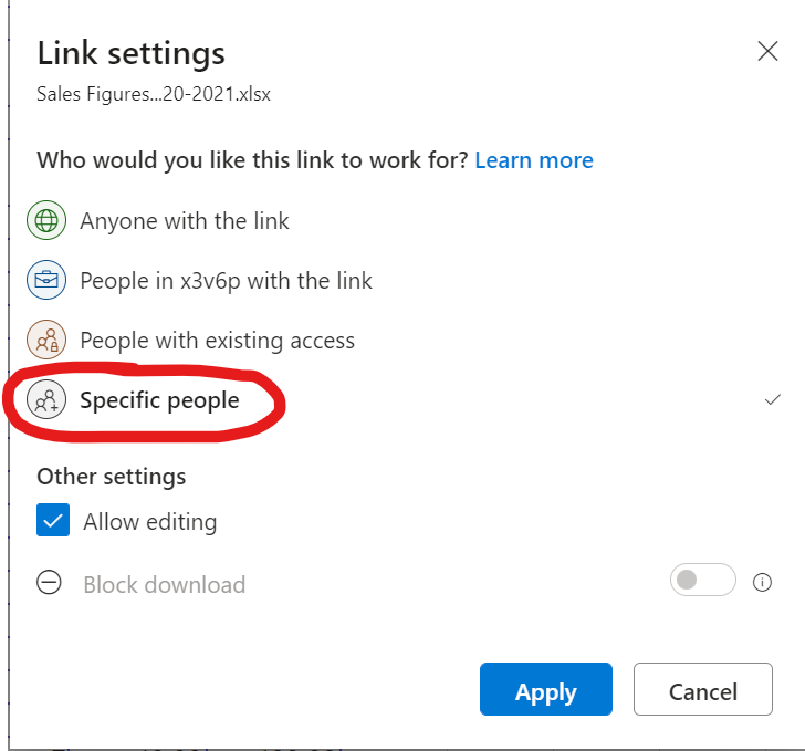 Choosing to share my file with specific people only