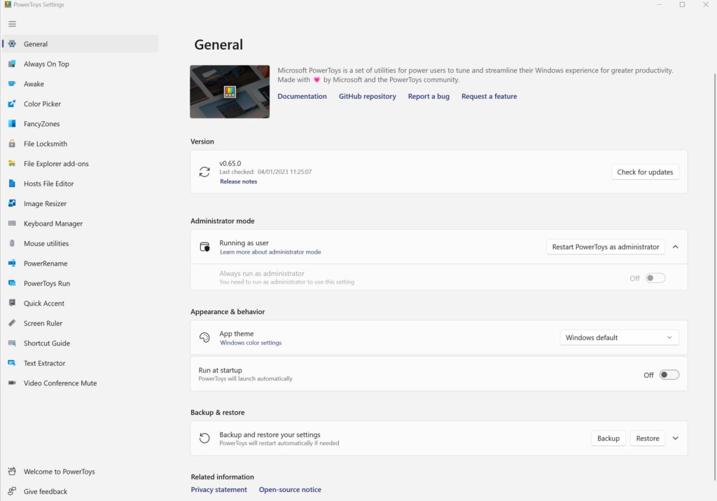 General settings page in PowerToys