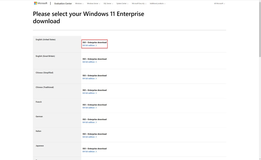 Please select your Windows 11 Enterprise download