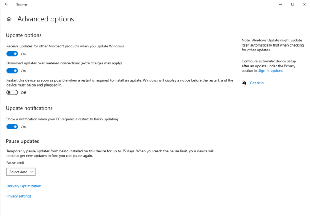 The 'Advanced Options' menu in Windows Update. We're making sure it checks for other MS products