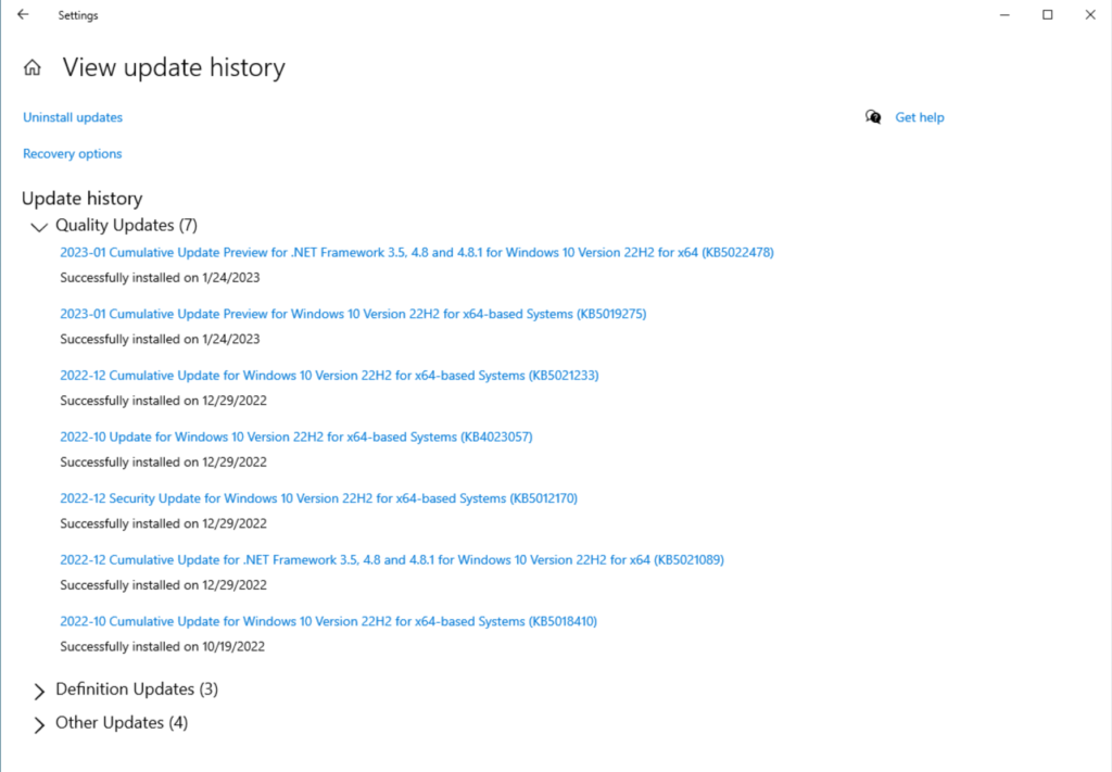 Viewing update history in Windows Update