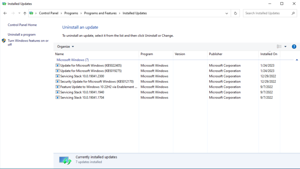 All installed updates to Windows and other software products