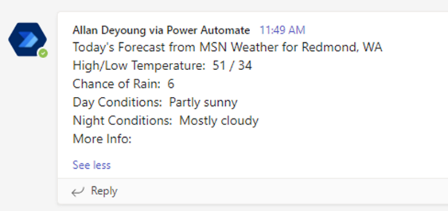 Our flow posted a weather forecast card in our Teams channel