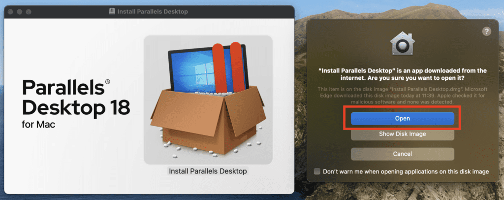 Opening the Parallels Desktop 18 installer