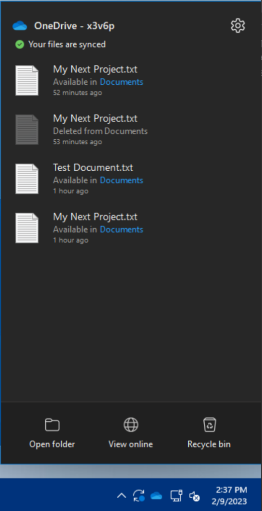 The main OneDrive for Windows interface in the system tray