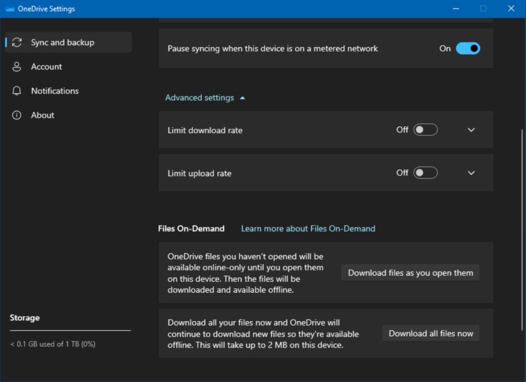 The 'Files-On-Demand' offline functionality settings in OneDrive