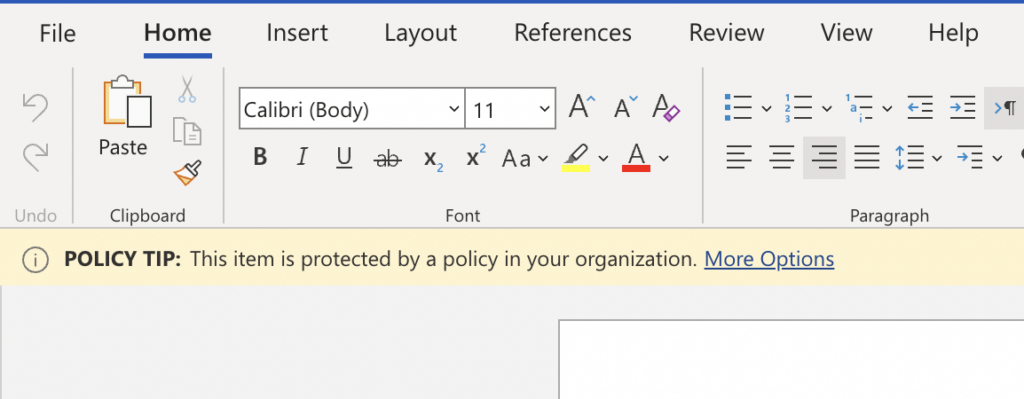 User alerted to a DLP policy match in Microsoft Word