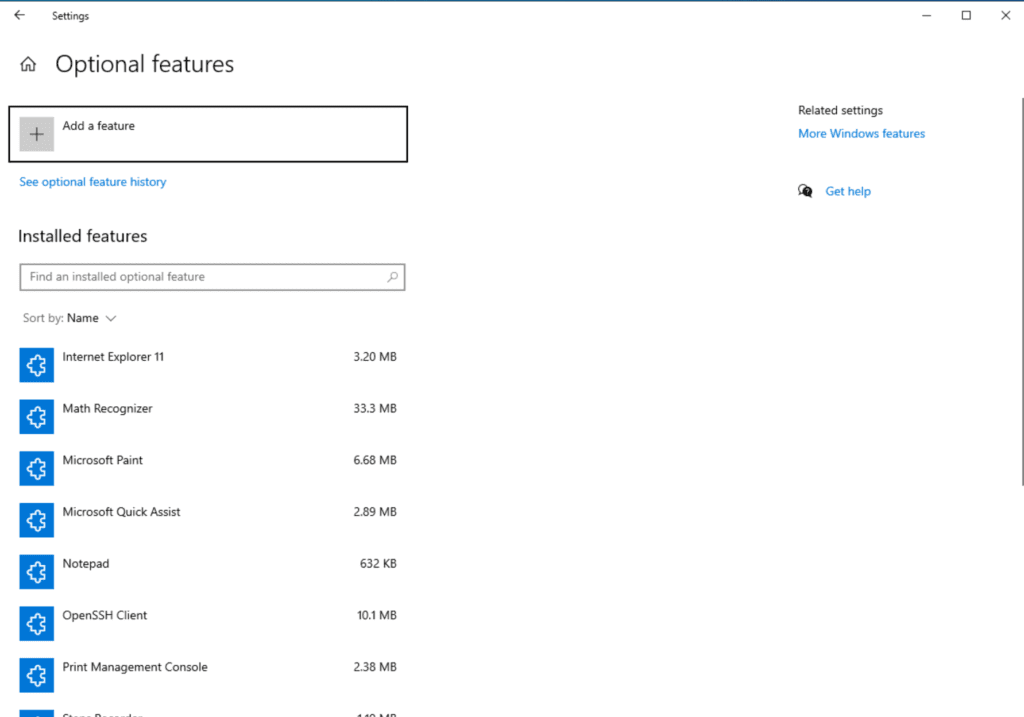 Managing Optional Features in Windows 10