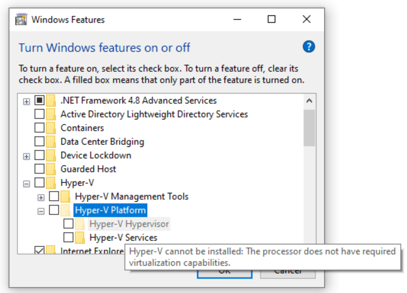 Looks like we can't enable Hyper-V...yet