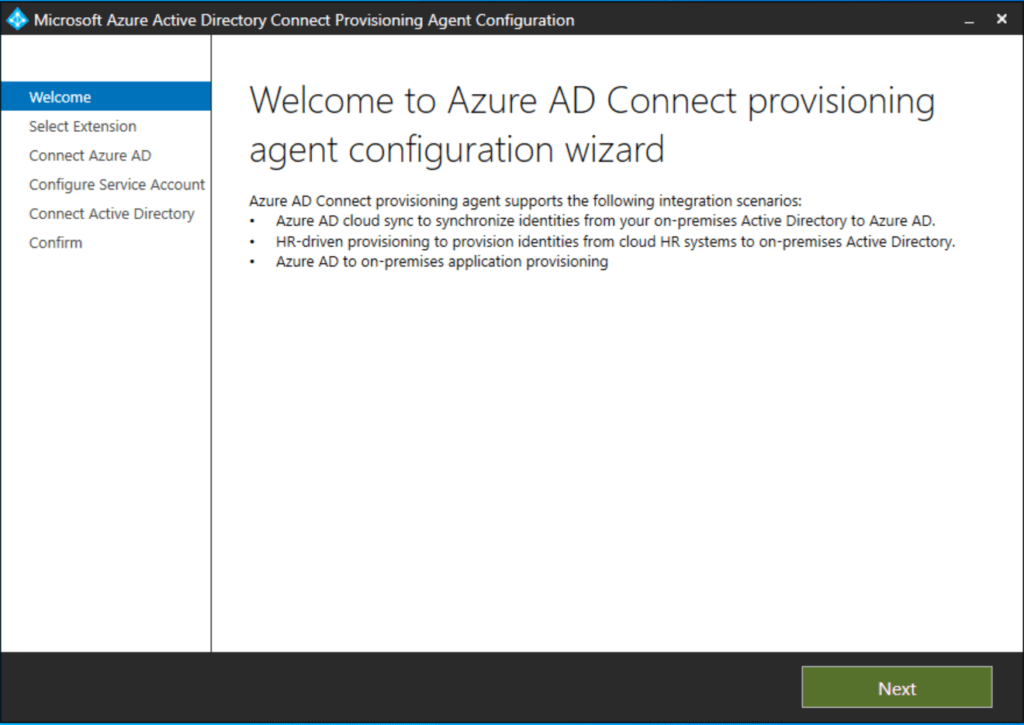 Starting the Microsoft Azure Active Directory Connect Provisioning Agent Configuration wizard