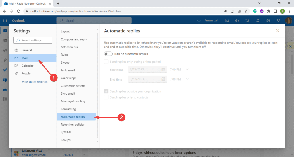 Accessing Automatic replies settings on Outlook on the web