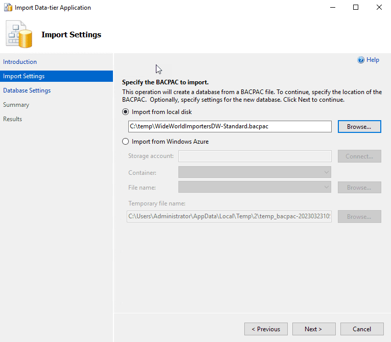 Importing a .bacpac file as a new database in SSMS
