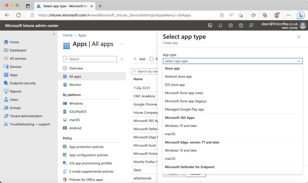 Accessing the Apps menu in Intune