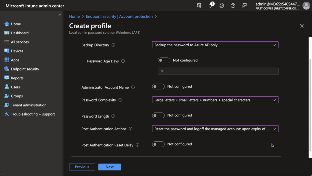 Configuring settings for our Intune profile
