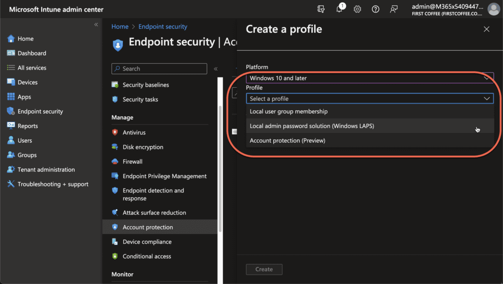 Choosing Windows LAPS for our Intune profile