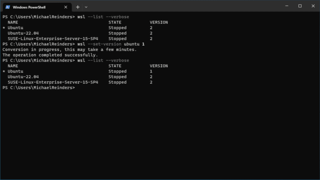 Seeing if distros are running WSL1 or WSL2