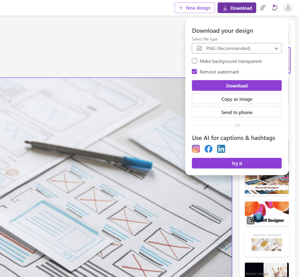 Use AI to generate captions and hashtags for social media posts in Microsoft Designer