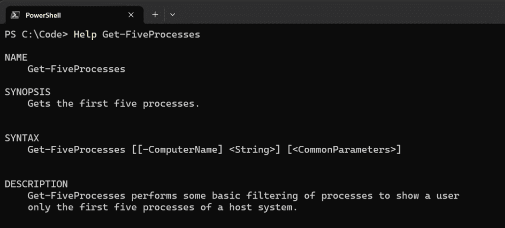 Showing built-in help for Get-FiveProcesses PowerShell function