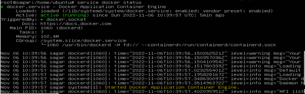 Checking the status of Docker and its version number 