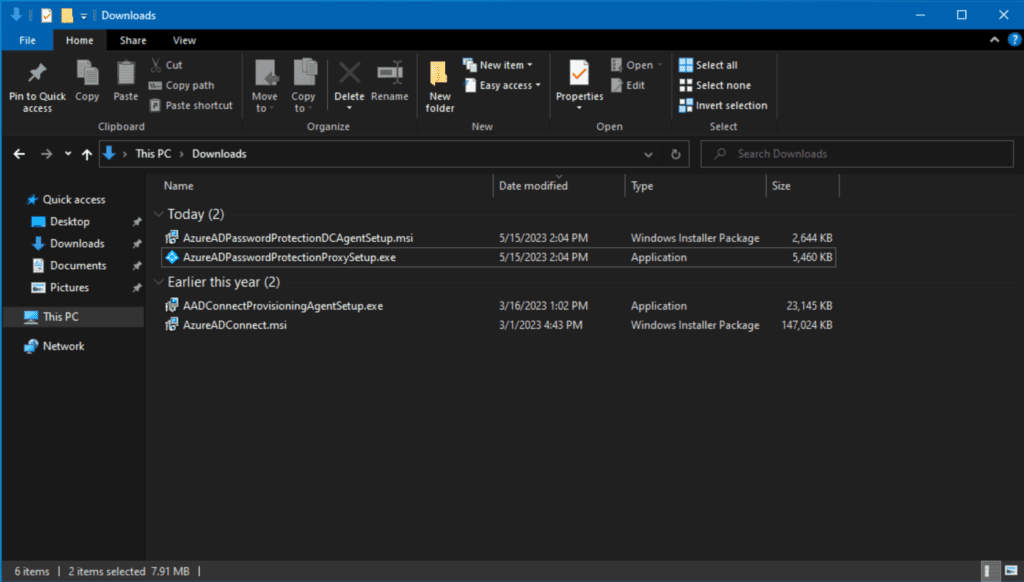 Downloads folder showing the two downloads for Azure AD Password Protection