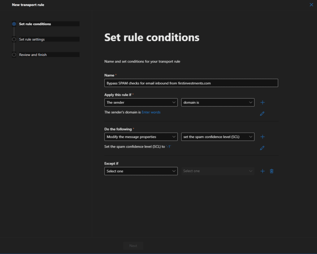 Setting up the rule conditions to whitelist domain office 365