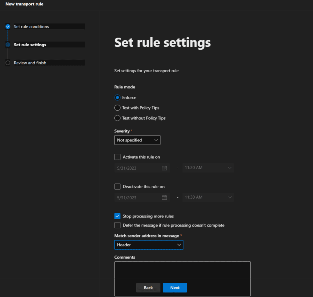 The Set rule settings page