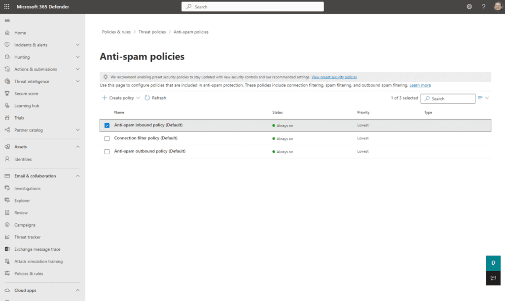 The Anti-spam policies section in the Microsoft 365 Defender portal