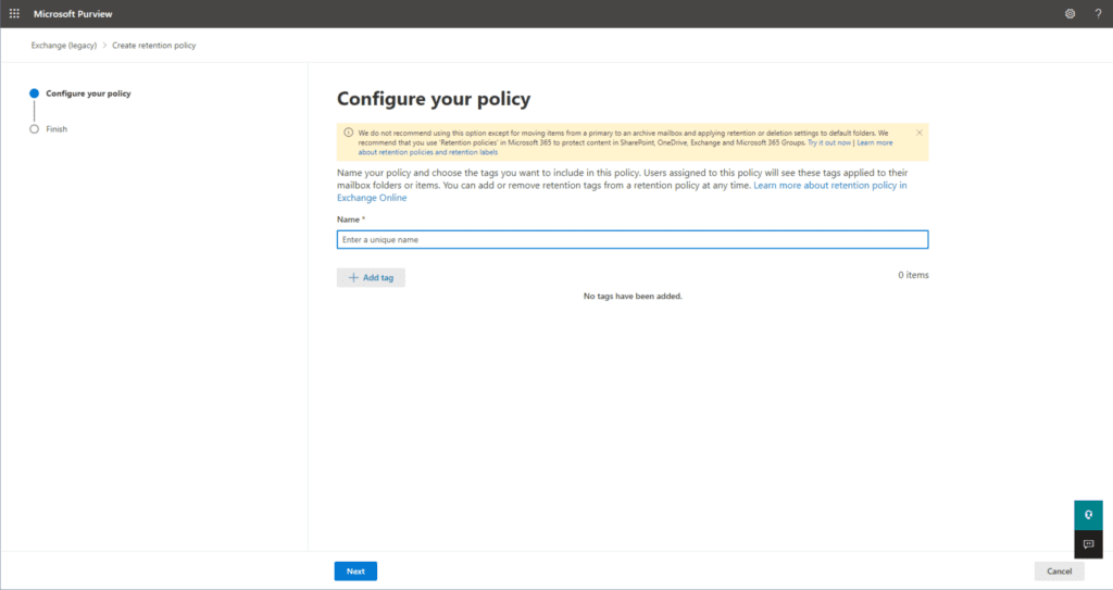 Configuring a new policy