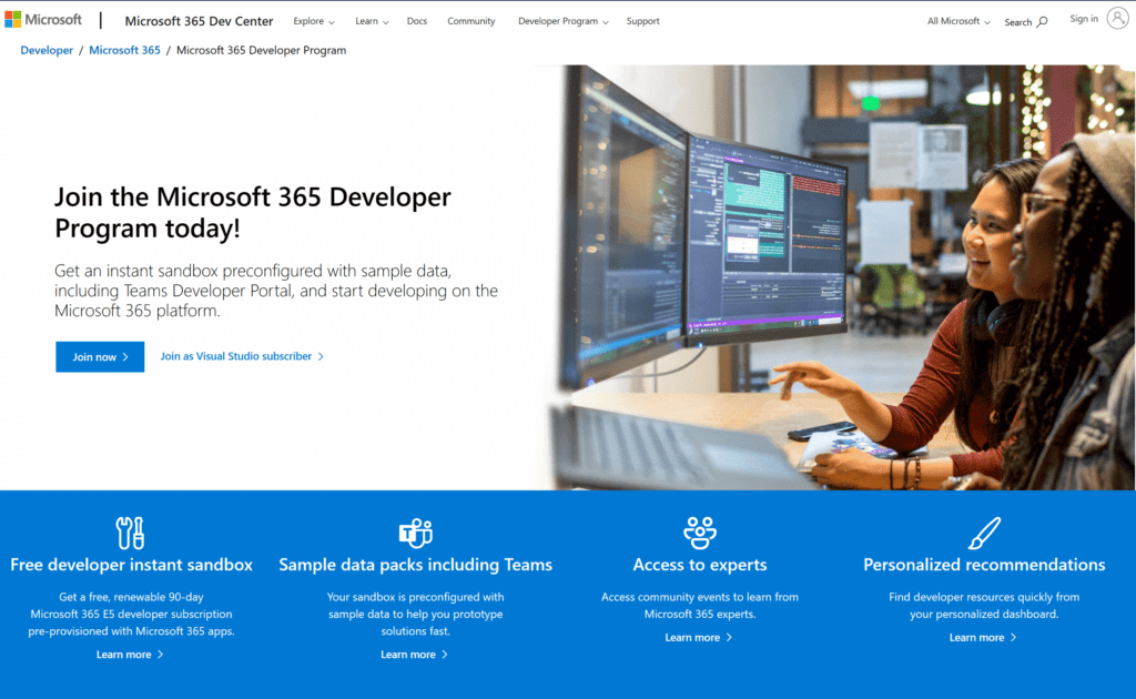 The Microsoft 365 Developer Program home page