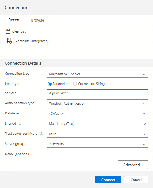 Configuring connection details in Azure Data Studio