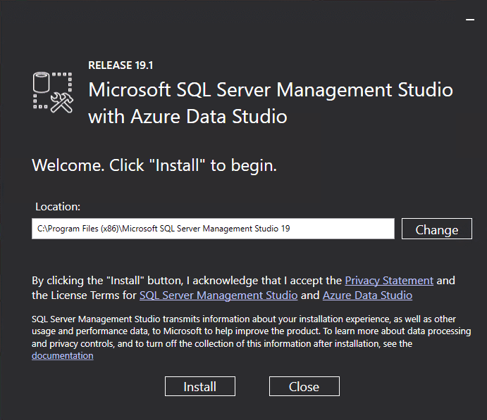 We're getting ready to install SQL Server Management Studio