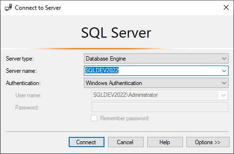 SSMS greets you with the Connect to Server dialog