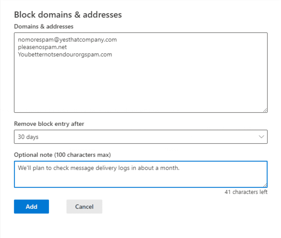Adding fictional entries to block senders in Office 365