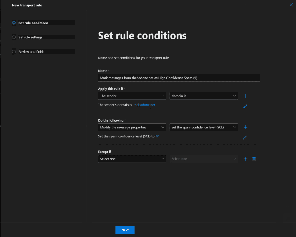 The settings for our new mail flow rule