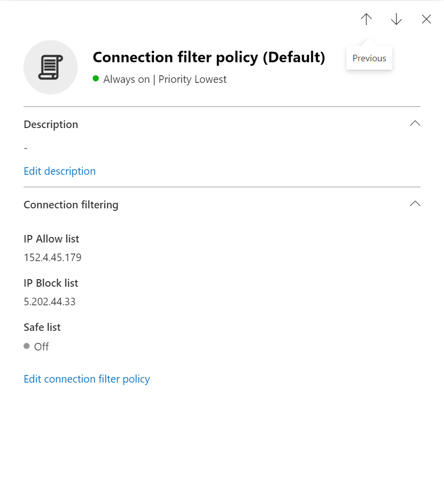 Connection Filter policy settings