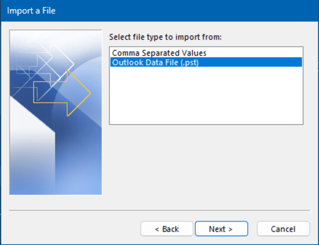 Select the PST file option