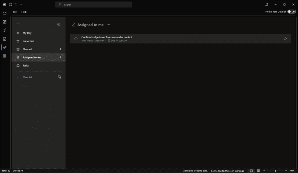 assigned tasks in the Tasks app in Outlook