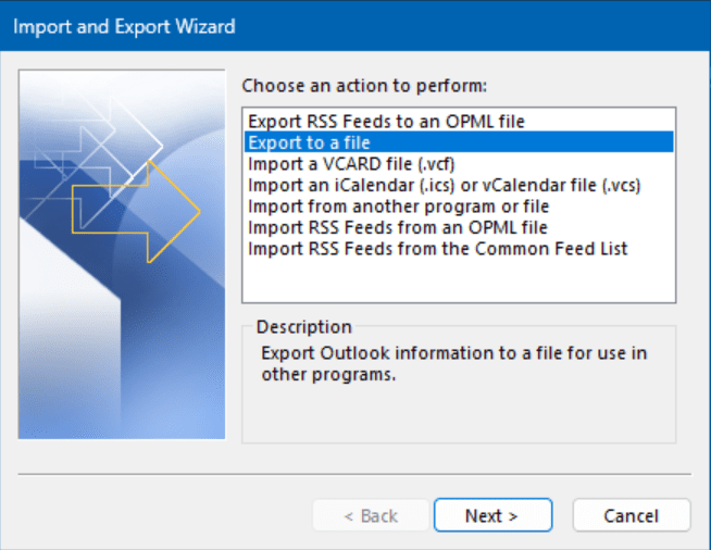 The Import and Export wizard in Outlook