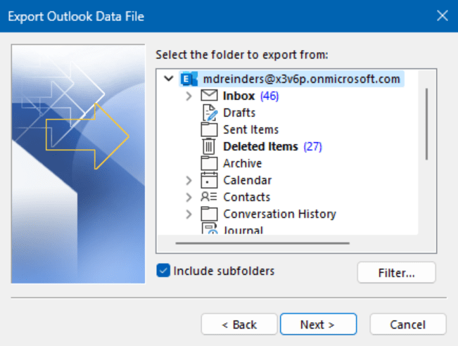 Choosing what to export in Outlook