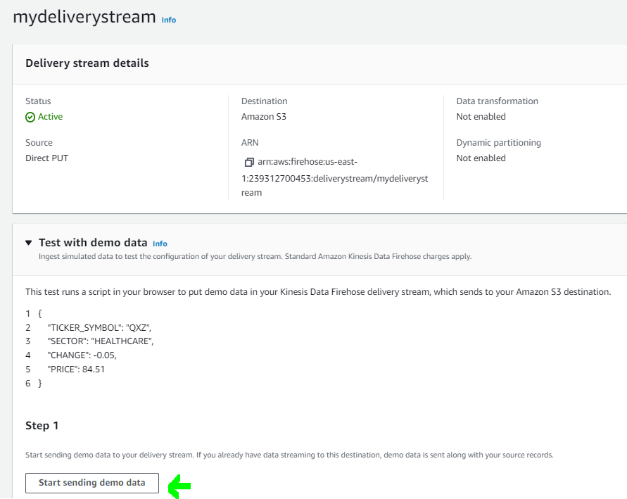 We'll be testing sending demo data to our delivery stream