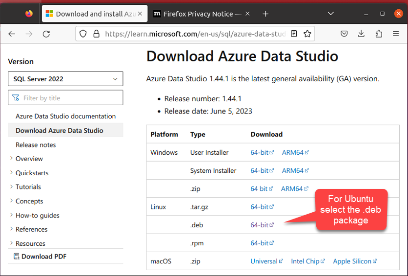 The Azure Data Studio download page