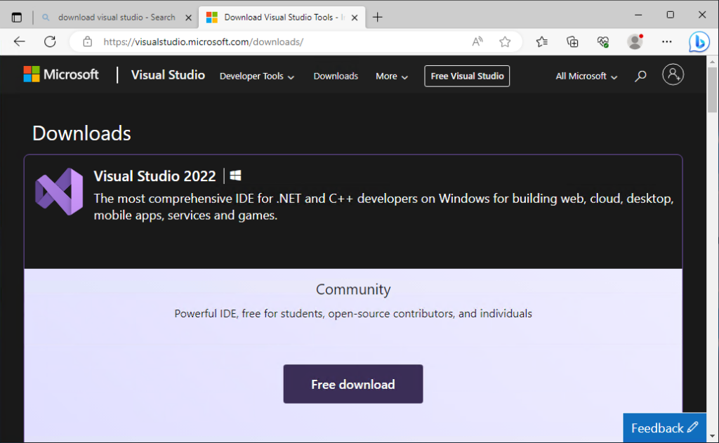 Downloading Visual Studio 2022 to get SQL Server Data Tools for Visual Studio